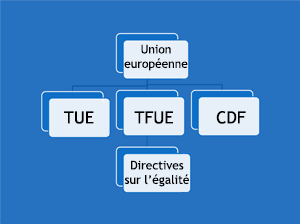 Cette illustration procure un aperçu des sources de droit au sein de l’Union européenne en matière d’égalité et de leur hiérarchie.